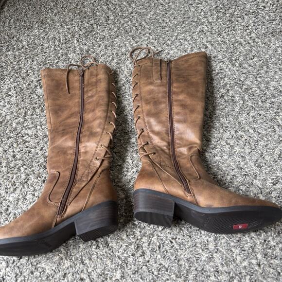 Baretraps Boots 6 M Gardyna Tall Riding Knee-Hi Brown Faux Leather Lace Up New - Picture 2 of 8